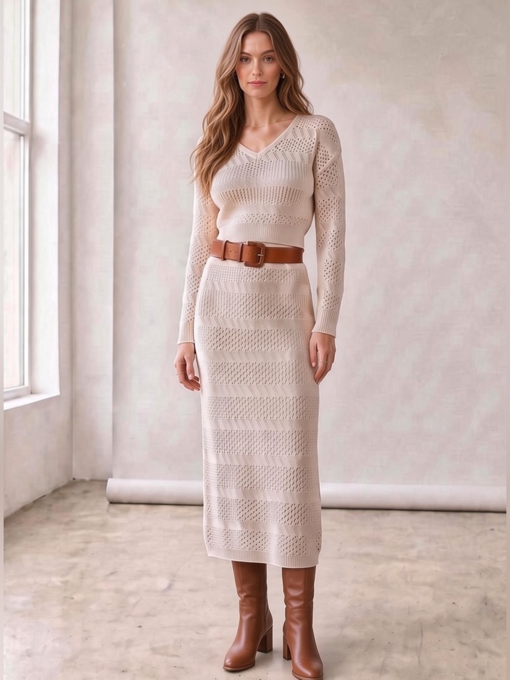 Freshman Cream Crochet Knit Skirt Set